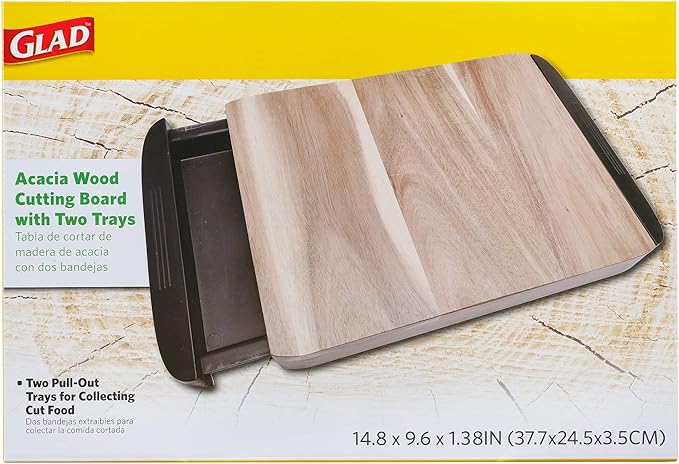 Glad Acacia Wood Cutting Board with Slide Out Trays | Catches Food and Waste | Solid Wooden Butcher Block with Removable Drawers | Kitchen Cooking Supplies, Brown, Black