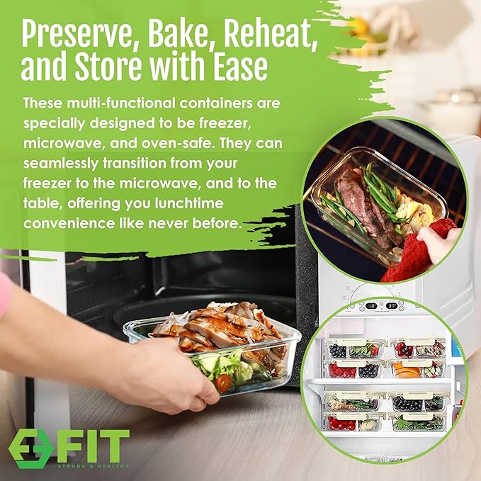 FIT Strong & Healthy 2 & 3 Compartments Glass Meal Prep Containers – Portion Control Containers, Food Storage w/Lids, Freezer Safe, Leak-Proof Glass Lunch Box with Compartments, 32 oz, Beige, 4 Pack