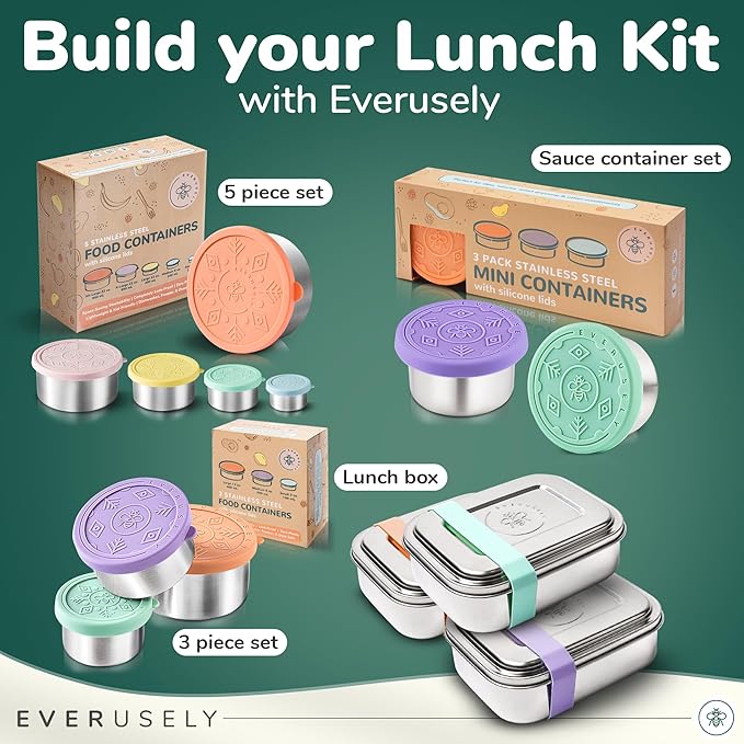 Everusely - Bento Box for Kids - Lavender, 6.5x4.7 / 27oz - Stainless Steel Lunch Box w/Leakproof Condiment Container - 3 Compartment Snack Box for School, Office Meals - Freezer & Dishwasher Safe