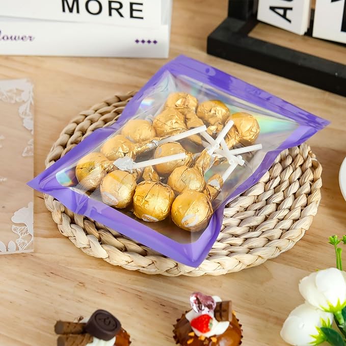 100 Pcs Holographic Bags Purple Resealable Bags with Clear Window Mylar Bags for Food Storage Packaging for Small Business(5.5×8Inch)