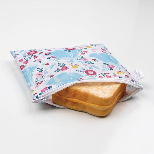 Bumkins Disney Reusable Sandwich and Snack Bags, for Kids School Lunch and for Adults Portion, Washable Fabric, Waterproof Cloth Zip Bag, Travel Pouch, Food-Safe, Large, Princess