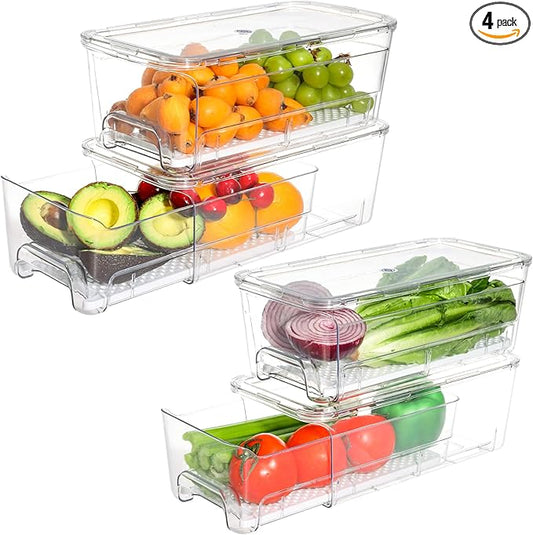 4 Pack Fridge Organizer Drawers, Stackable Pantry Organizers and Storage, Clear Pull-Out Refrigerator Organizer for Fruit, Vegetable Storage and Keep Fresh