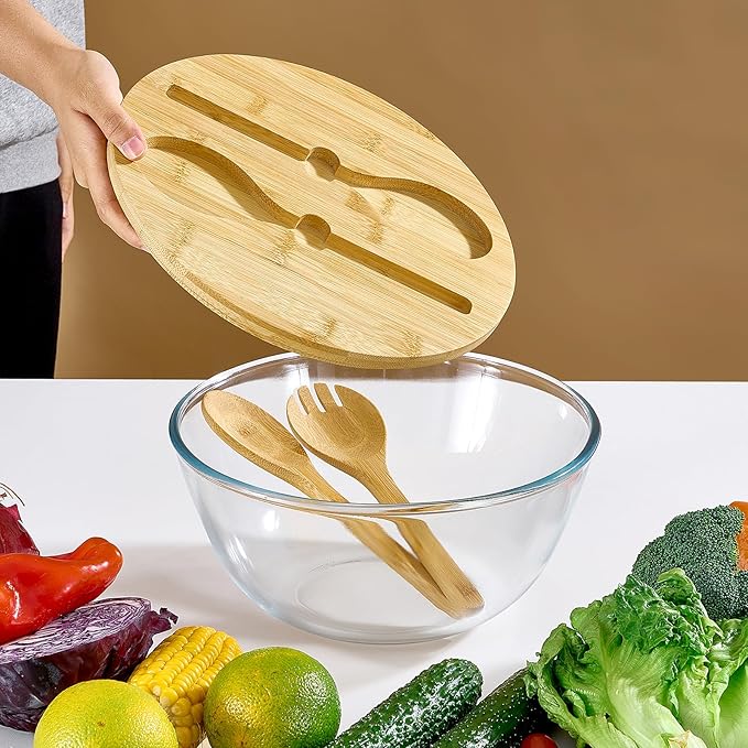 Glass Salad Bowl, 10.6" Salad Bowl with Bamboo Lid, Glass Mixing Bowls, Serving Bowls, Large Salad Bowls Set with Utensils, Trifle Bowl Fruit Bowl for Salad, Pasta, Fruit, Desserts