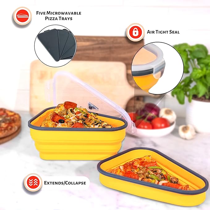 PIZZA PACK The Perfect Reusable Pizza Storage Container with 5 Microwavable Serving Trays - BPA-Free Adjustable Pizza Slice Container to Organize & Save Space, 4 Pack, Yellow