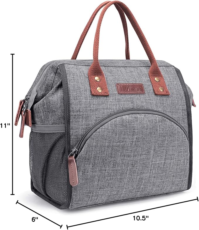 LOKASS Insulated Lunch Bag for Women & Men - Reusable 10 L Lunch Box for Women - Leakproof Tote Cooler Bag for Adults Work, Beach, Travel, Picnic (Grey)
