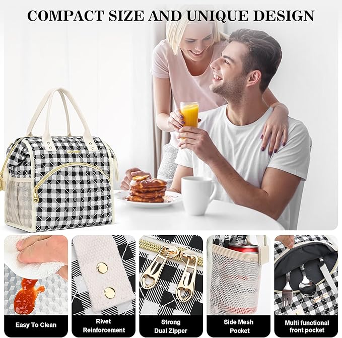 LOKASS Insulated Lunch Bag Women- Reusable 10 L Lunch Box for Women - Leakproof Tote Cooler Bag for Adults Work, Beach, Travel, Picnic （Black&White Diamond Grid）