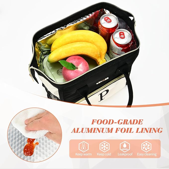 Personalized Lunch Bag for Women, Preppy Reusable Insulated Initials Lunch Box Gift for Friend Large Wide-Open Water Resistant Adult Cooler Tote Bag for Work, Travel, Picnic - Black H