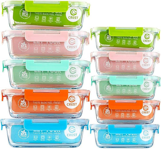 C CREST [10-Pack Glass Food Storage Containers (A Set of Five Colors), Meal Prep Containers with Lids for Kitchen, Home Use - Airtight Glass Lunch Boxes
