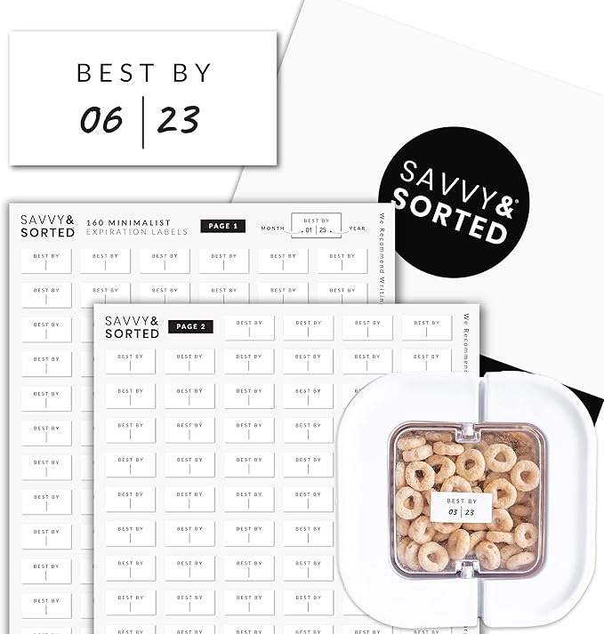 SAVVY & SORTED Expiration Date Pantry Labels, 160 Waterproof Food Expiration Date Labels for Containers, Kitchen Labels for Food Freshness, Use by Meal Prep Labels, Best By Write On Labels