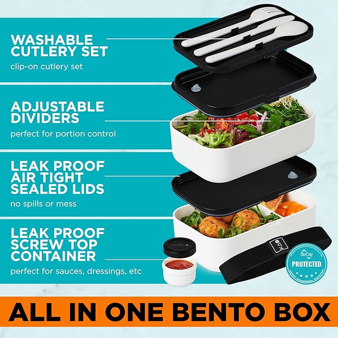 Double Premium Bento Box Adult, 67 fl oz BPA-Free - Cream' Stackable Lunch Box with Leak-Proof Lids & Dividers, Perfect for Meal Prep, Lunches & Portion Control