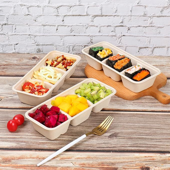 16oz disposable 3 compartments Sugarcane Fibers bowls with lid take away food containers Meal Prep Bowls 25 Pack