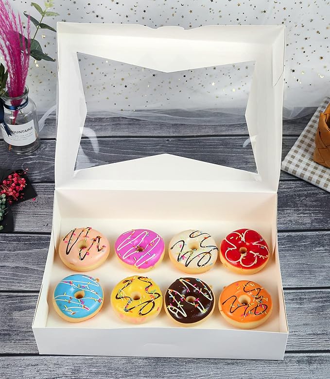 15-PACK White Pastry Bakery Box 16x11x2.75inch,Large Donuts,Muffins,Cookies Boxes with PVC Window Auto-Pop up Paper Box Nature Cardboard Take Out Container,Hold 12 Donuts,Pack of 15
