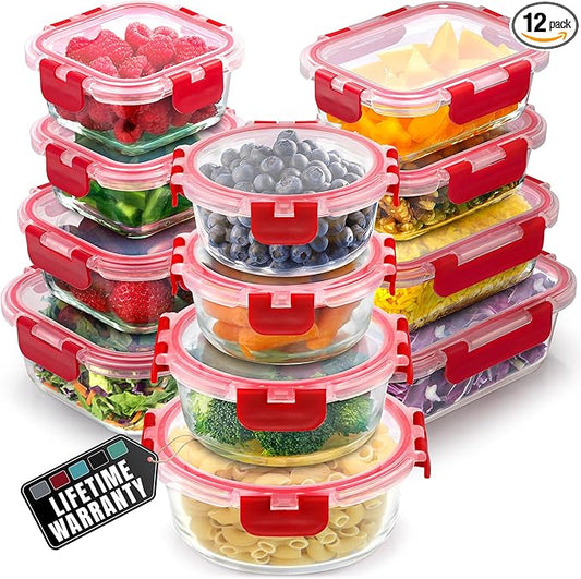 Zulay Kitchen 12 Pack Glass Meal Prep Containers with Lids - Airtight, Premium Borosilicate Glass Food Storage Containers - Microwave, Freezer & Oven Safe, BPA Free - Red