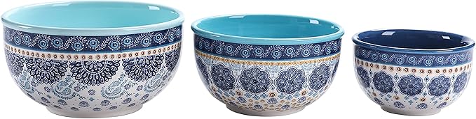 Bico Blue Talavera Ceramic Bowl with Air Tight Lid Set of 3(27oz, 18oz, 9oz each), Prep bowls, Food Storage Bowl for Salad, Snacks, Fruits, Microwave and Dishwasher Safe