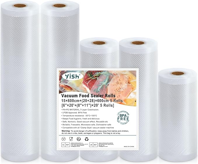 Food Vacuum Sealer Bags Rolls: 6"x20'x1Rolls and 8"x20'x2Rolls and 11"x20'x2Rolls Total 5 Pack Vacuum Sealer Rolls By YISH, Ideal for Food Saver, Seal a Meal, Great for Food Vac Storage or Sous Vide