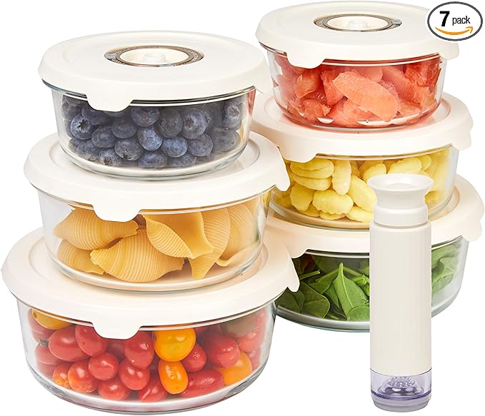 HOLDN’ STORAGE Vacuum Food Storage Containers, Set of 6 Glass Containers plus a Manual Vacuum Pump – Keep Food Fresh Longer, BPA-Free Glass, Leak-Proof, Ideal for Meal Prep, Marinating.