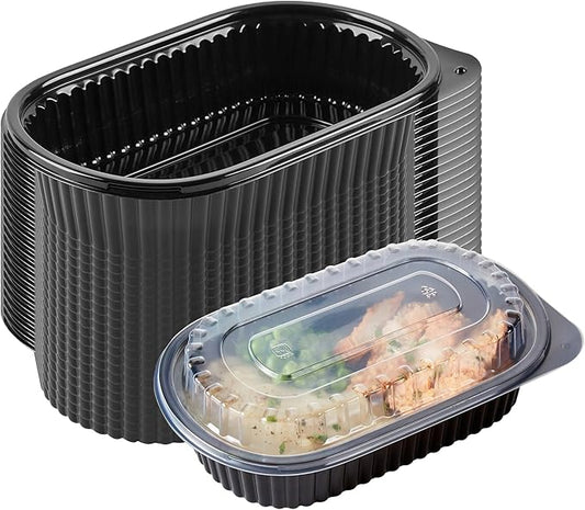 RW Base 32 Ounce Meal Prep Containers, 50 Microwavable To Go Containers With Lids - Disposable, Freezable, Black Plastic Oval Food Containers, Pack Hot And Cold Food, For Takeaway - Restaurantware