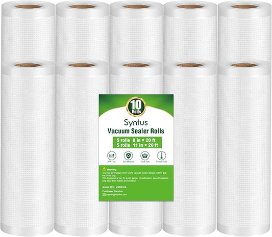 Syntus Vacuum Sealer Bags, 10 Pack 5 Roll 11" x 20' and 5 Roll 8" x 20' Commercial Grade BPA Free Bag Rolls, Food Vac Bags for Storage, Meal Prep or Sous Vide
