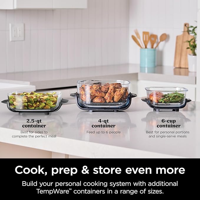 Ninja 6 Cup TempWare Glass Container with Leak-Proof Storage lid, Compatible Crispi Portable Cooking System, Microwave, Freezer and Dishwasher Safe, PFAS Free Glass Cooking Surface