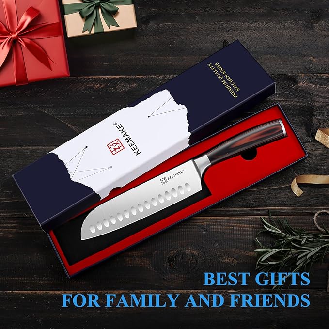 KEEMAKE Santoku Knife 7 Inch - Ultra Sharp Kitchen Knife with High Carbon Stainless Steel Blade Japanese knife, Santoku Chef Knife with Ergonomic Pakkawood Handle and Gift Box Included