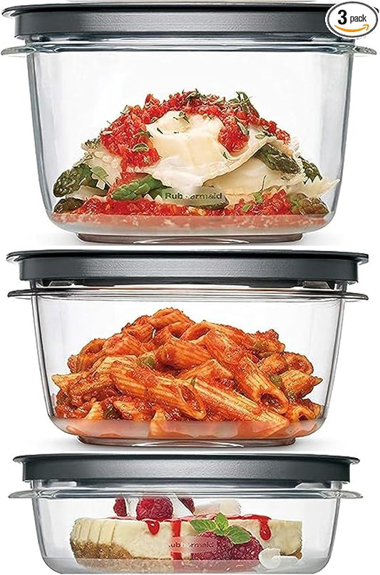 Rubbermaid Premier, 3 Cup 5 Cup and 7 Cup Premier Flex & Seal Food Storage Set, 3 Triton Containers, 3 Grey Flex and Seal Lids,Bundled With 4 Chalk Stickers and Chalk pen