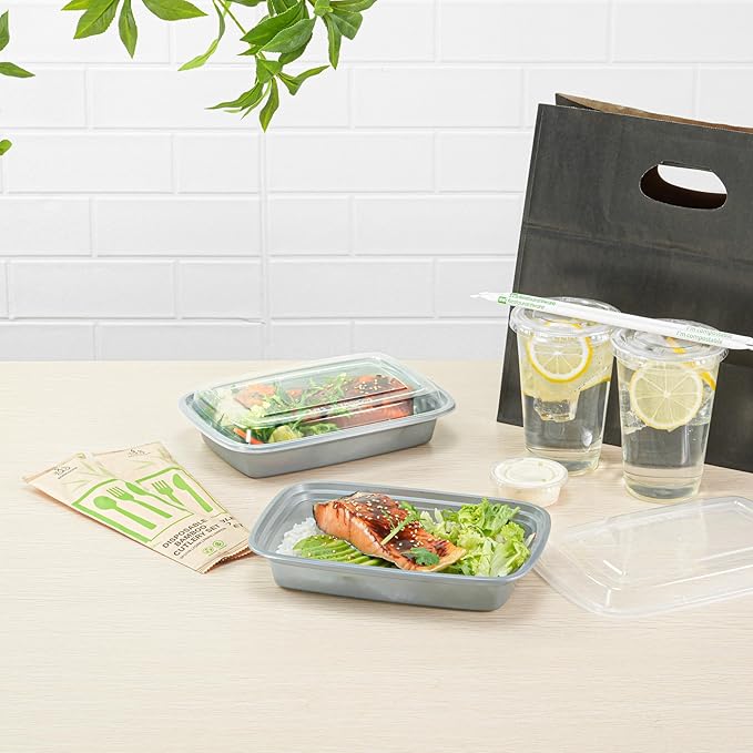 Restaurantware Asporto 28 Ounce Take Out Containers, 100 Food Containers With Lids - Microwavable, Disposable, Silver Plastic To Go Food Containers, No BPA, For Take Out And Delivery