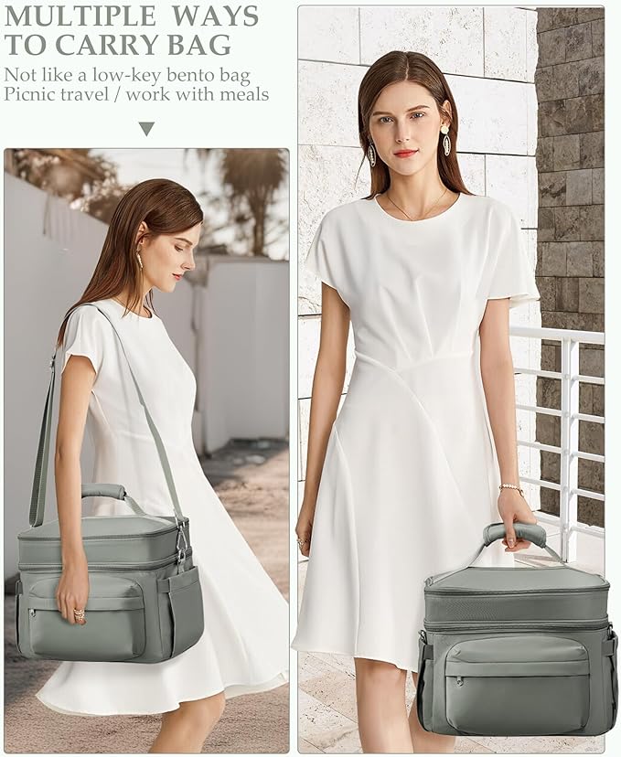 Lunch Box Women Insulated Lunch Bag Men Expandable Waterproof Leakproof Lunch Boxes Large Lunch Tote Cooler Bag for Work with Water Bottle Holder Grey Green