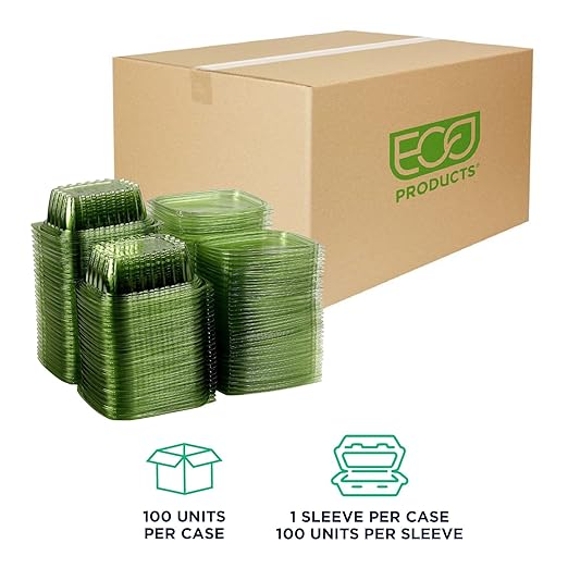 ECO PRODUCTS Compostable 12oz Rectangular Deli Containers With Lids, Pack of 100, Veridian Clear Green Meal Prep, Made from PLA, A Renewable Material Made from Plants, One Lid Fits All