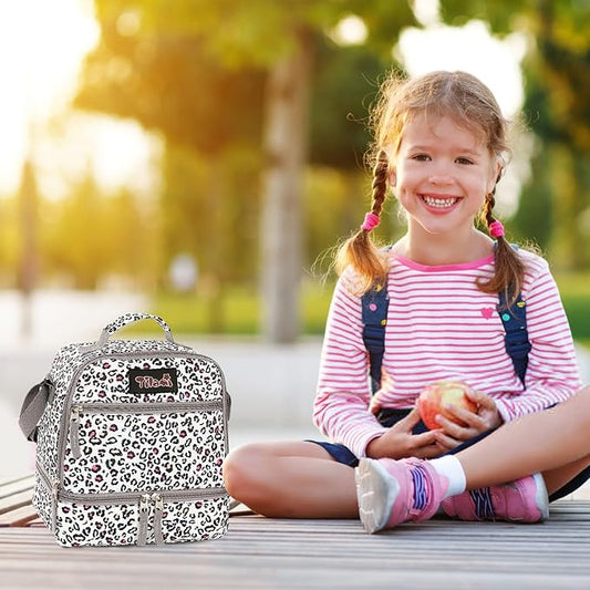 Tilami Lunch Bags Insulated Adjustable Strap Zipper, Water-Resistant Cooler Bags, Bento Bags for Kids Toddlers, Leopard