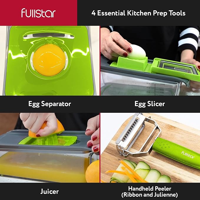 Fullstar Vegetable Chopper, Mandoline Slicer - Cheese Grater, Food Chopper with Container, Kitchen Gadgets, Home Essentials (11-in-1, Gray/Green)