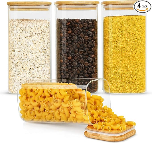 Glass Jars with Airtight Lid,Glass Storage Jars with Bamboo Lid, 54oz Set of 4 Glass Canisters with Airtight Lids, Square Glass Kitchen Storage Containers Jars,Pasta Containers
