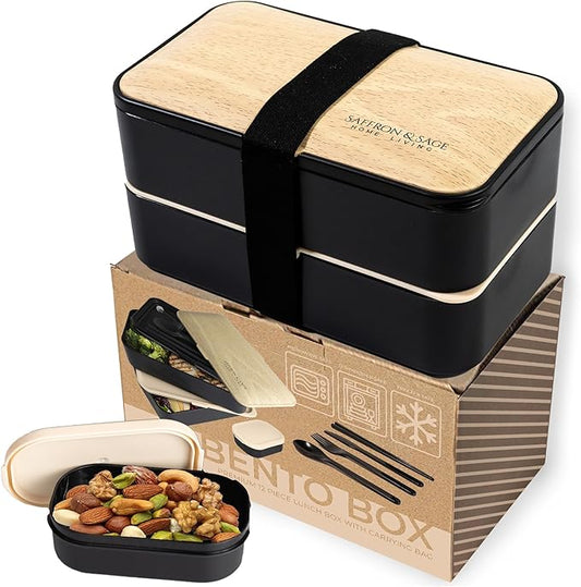Saffron & Sage Bento Lunch Box - 42oz Black Japanese style Bento Box for Adults or Kids with Cutlery, Chopsticks, Sauce Container and Bento Bag - Leak proof, Dishwasher, Freezer, Microwave safe