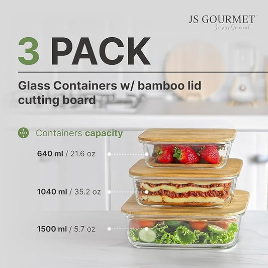 3 Pcs Glass Food Storage Containers with Bamboo Cutting Board and Airtight Lid, Ideal for Preparing and Storing Meals, Food, Fruits, Salad and more Ingredients (22oz, 35oz and 51oz)