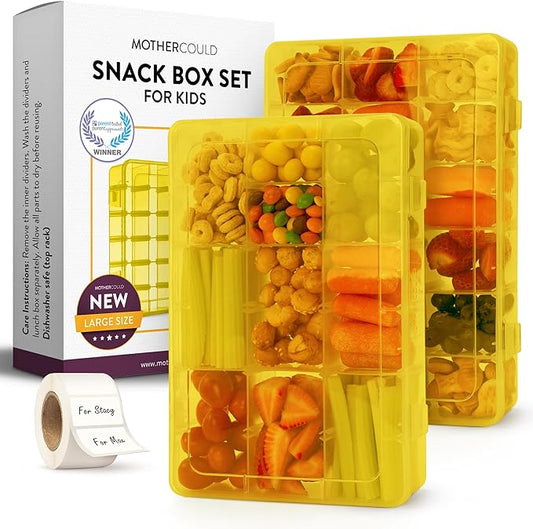 Large Kids Snack Box Containers Set of 2 -100 Labels, BPA-Free, Adjustable Compartments, Dishwasher Safe, Reusable Tray, Food Grade, Meal Prep Container, PARENT TESTED PARENT APPROVED AWARD (Yellow)