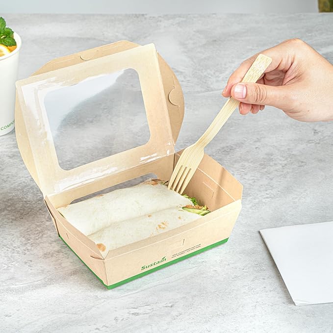 Restaurantware-Sustain 28 Ounce Sturdy Paper Take Out Boxes, 50 Disposable Take Out Food Containers - With PLA lining, Two Clear PLA Windows, Bamboo Paper Containers, Compostable, Tab-Lock Design