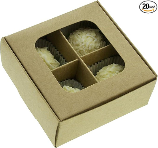 GRETEL BAKING Treat boxes with window and dividers | 4 X-SMALL compartments | 3.5 x 3.5 x 1.57 in | Empty candy boxes for gift giving, truffle box - perfect for Valentine's Day | 20-pack (Kraft)