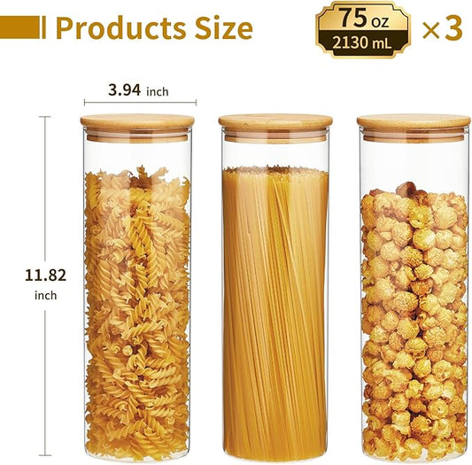Glass Food Storage Jars with Lids[Set of 3], Perfect for Pasta, Cookies, Nuts, Coffee, Cereal, Flour, and More, Organize Your Kitchen and Pantry with these BPA-Free Glass Canisters