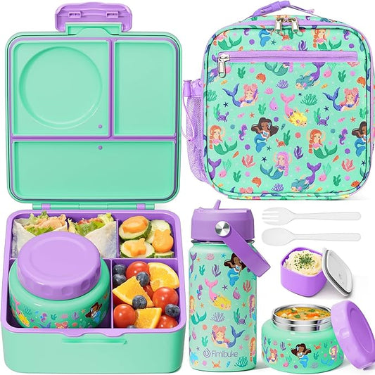 Fimibuke Bento Box for Kids Adult - Leakproof 3-4 Compartments Lunch Bento Box Set with Insulated Thermos Food Jar, Water Bottle, Lunch Bag, Sauce Cup & Cutlery for Toddler Teen Shcool Girl Boy Age 3+