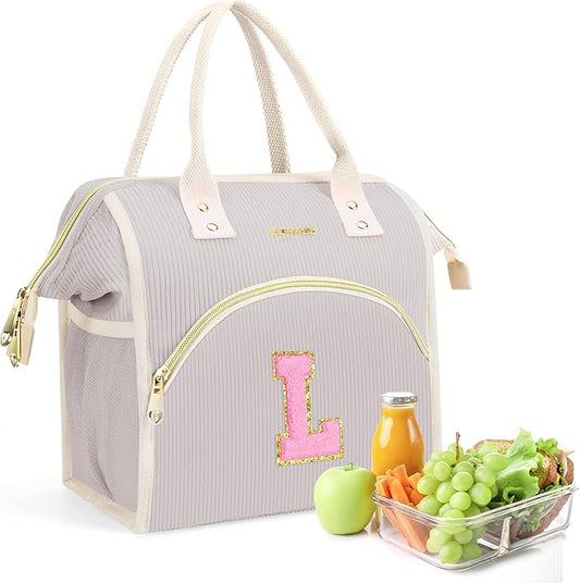 Personalized Initials Lunch Box for Women& Men, Preppy Reusable 10 L Insulated Lunch Bag, Leakproof Large Adults lunch tote Cooler Bags Insulated for Beach,Travel,Work, Picnic-Birthday Gifts（Gray L）