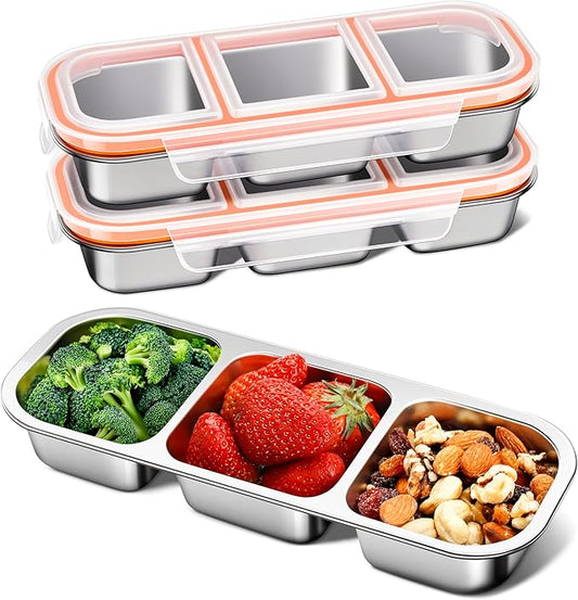 3 Pack Stainless Steel Snack Containers for Kids & Adults - Leek Proof Metal Bento Lunch Box with 3 Compartment - Lunchable Containers for Daycare, School, Work, Travel - Stackable Bento Snack Box