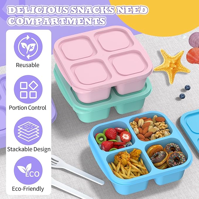 Bento Lunch Box for Kids (4 Pack) - 4-Compartment Salad Container for Lunch, Reusable BPA-Free Food Prep Containers, Snack Container for School, Work, and Travel (Solid Color)