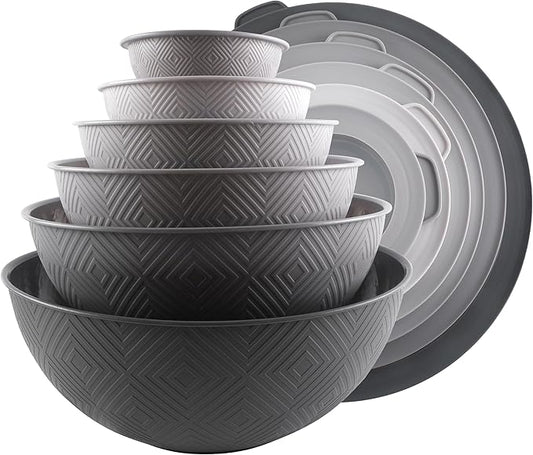 COOK WITH COLOR Mixing Bowls with Lids - 12 Piece Plastic Nesting Bowls Set includes 6 Prep Bowls and 6 Lids, Non Slip Bottom and Rhombus Design - Microwave Safe (Grey)
