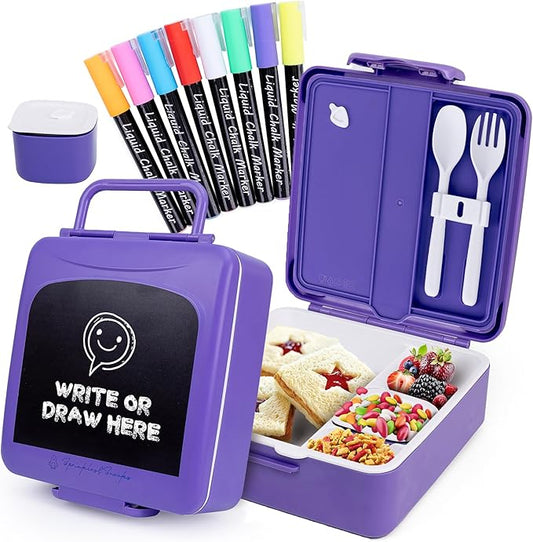 Chalkboard Kid Lunch Box for Girls & Boys - Leak-Proof Kids Lunchbox with Removable Compartment Tray, Lidded Container & Utensils - BPA-Free Lunch Box Containers for Kids for School, Daycare - Purple