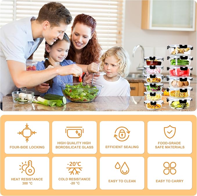 24 Piece (12 Food Storage Containers and 12 Lids),13.5+32.1 OZ Black Glass Storage Containers With Lids,Round Glass Meal Prep Containers,Microwaveable,Meal Preparation,Storage Containers