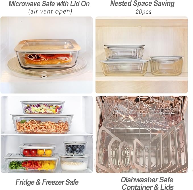 Glass Food Containers with Glass Lids, 3 Pack of Large Size, Microwave Safe Meal Prep Containers