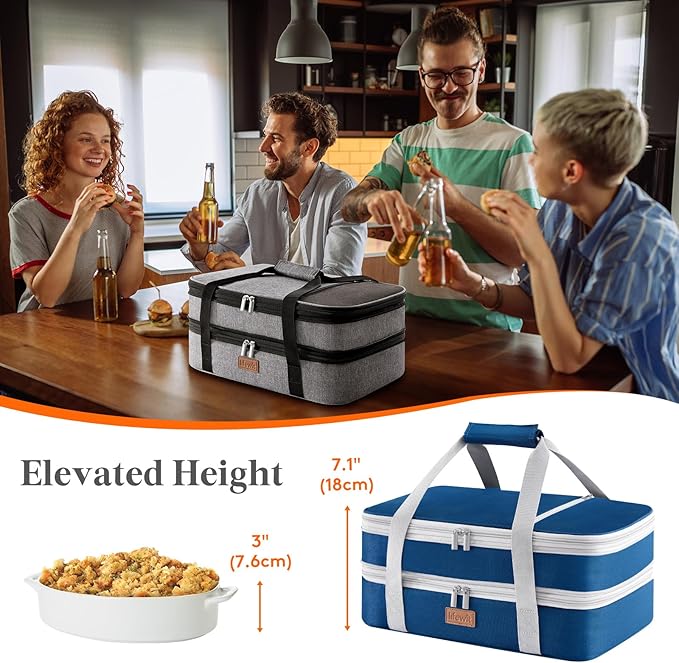 Lifewit Expandable Insulated Casserole Carrier for Hot or Cold Food, Double Decker Food Bag Lasagna Holder Carry Tote for Potluck Parties/Picnic/Cookouts, Fits 9"x13" Baking Dish, Pure Blue
