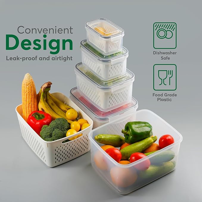 8 PCS Fruit Storage Containers for Fridge with Colanders Dishwasher Safe, Leakproof Fruit and Vegetable Storage BPA-Free Plastic, Produce Storage Keep Berry Fruit Veggie Meat Fresh