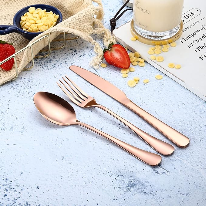 Portable Travel Utensils Set with Case,Reusable Office Flatware Set,Healthy Travel Cutlery Set 3 PCs Stainless Steel Fork, Spoon,Knife Cutlery Ideal for Travel, Lunch Box and Camping (Rose Gold-3PCs)