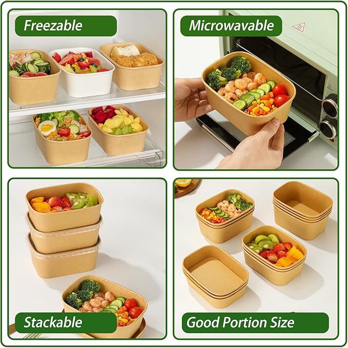 50-Pack 35oz Disposable Kraft Paper Bowls【with Lids and Forks】, Large Meal Prep Containers Paper Salad Bowls, Leakproof Food Containers Treat Soup Serving Bowl, Microwave Safe for Hot/Cold Food