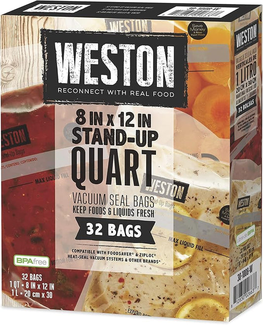Weston Vacuum Sealer Bags, 8" x 12" (Quart), 32 count Stand-Up for Food and Liquid, 2 Ply 3mm thick, for NutriFresh, FoodSaver & Other Heat-Seal Systems, for Meal Prep and Sous Vide, BPA Free